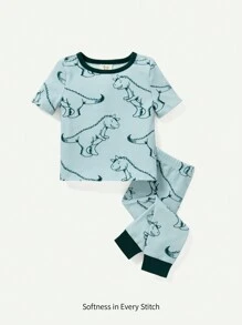 Cozy Pixies Baby Boy Snug Fit Pajama Set With Cartoon Dinosaur/Animal Graphic, Color Block Pullover And Long Pants - Blue - View 1