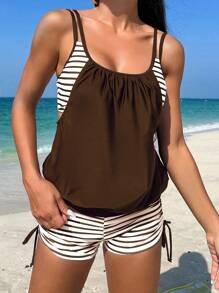 SHEIN Swim Women's Striped And Floral Print 2 In 1 Tankini Set Summer