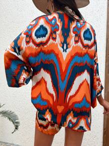 SHEIN Ensemble Imprimé Kimono Et Mini-short Avec Effet Marbré Multicouleur Partout