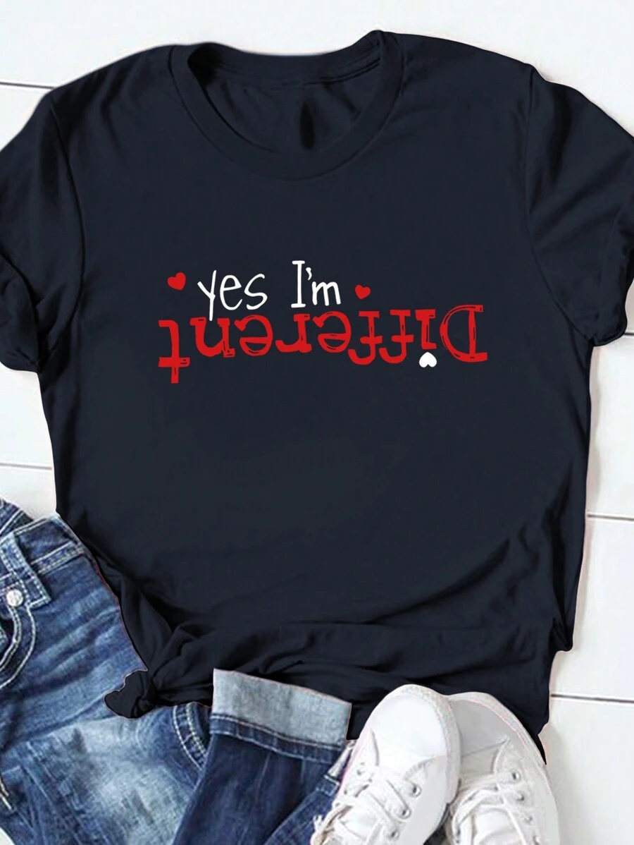 INAWLY Letter Printed Short Sleeve T-Shirt Yes I'm Different Graphic Tees Women Tops - Navy Blue - View 1