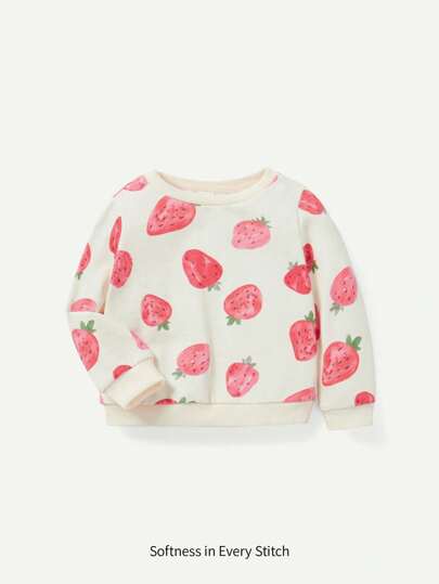 Cozy Pixies Baby Girl Strawberry Print Casual Versatile Round Neck Sweatshirt,In Fall/Winter