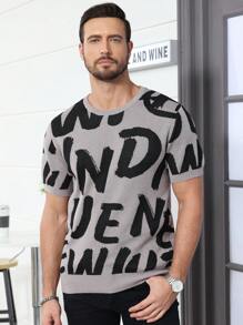 Claim Dot 男士针织短袖 T 恤，字母印花，圆领，色块，图案，趣味，朋友，工作 - 灰色 - 查看 4