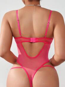 SHEIN Lace Hollow Out Cross Strap Temptation Sexy Bodysuit - Hot Pink - View 2