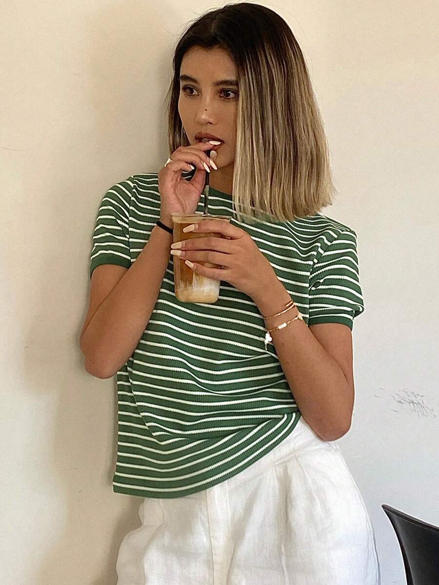 Livesso Women's Striped Round Neck Slightly Loose Fit Short Sleeve T-Shirt Summer Easter - Green - View 1