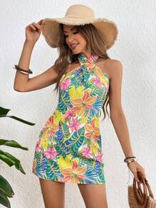 SHEIN VCAY 夏天的熱帶數字印花露背連衣裙，適合海灘度假