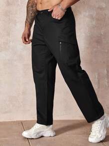 Manfinity Homme Men's Plus Size Black Casual Cargo Pants With Zippered Pockets - Black - View 1
