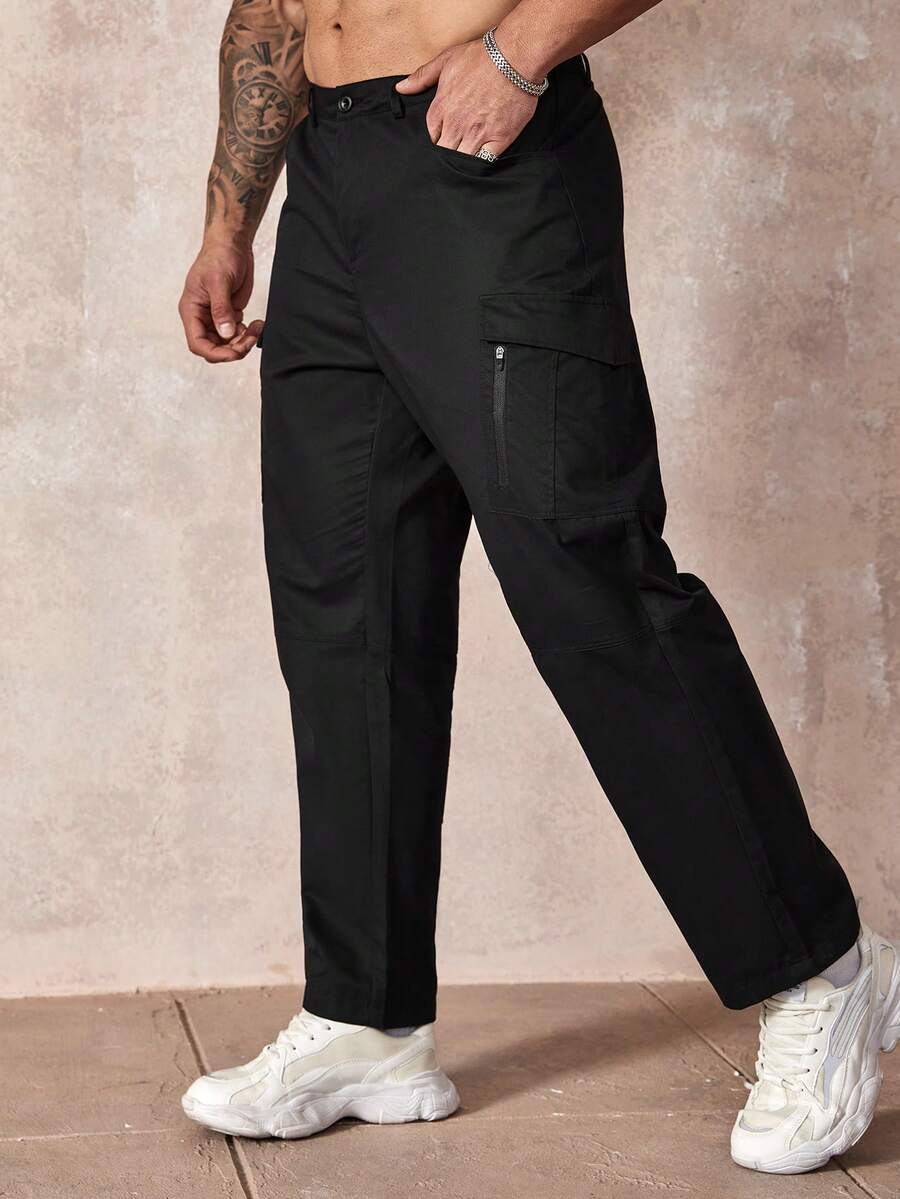 Manfinity Homme Men's Plus Size Black Casual Cargo Pants With Zippered Pockets - Black - View 1