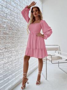 SHEIN LUNE Spring Casual Pleated Long Sleeves Dress With Ruffle Hem Fall Cloth For Women - Pink - View 6