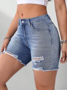 Women's Fashion Distressed Denim Shorts - Medium Wash - View 5