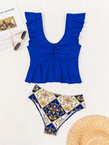 SHEIN Swim 纯色荷叶边下摆背心和三角形印花下装复古风格泳装 2 件套，沙滩装分体式泳衣套装夏季 - 藍色 - 查看 3