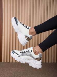 女士運動鞋，休閒高跟運動鞋，輕巧厚重氣墊鞋底，時尚潮流，適合跑步和綁鞋款式 - 白色 - 查看 3