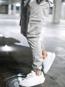 Manfinity Homme Men's Loose Fit Cargo Pants With Letter Print And Flap Pockets, Plain Work Long Baggy Light Grey Cargo Pants, For Husband, Boyfriend Gifts, For Fall - Light Grey - View 4