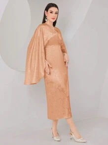 Modelyn 女士全印花斗篷袖连衣裙长款晚礼服 - 珊瑚橙 - 查看 4