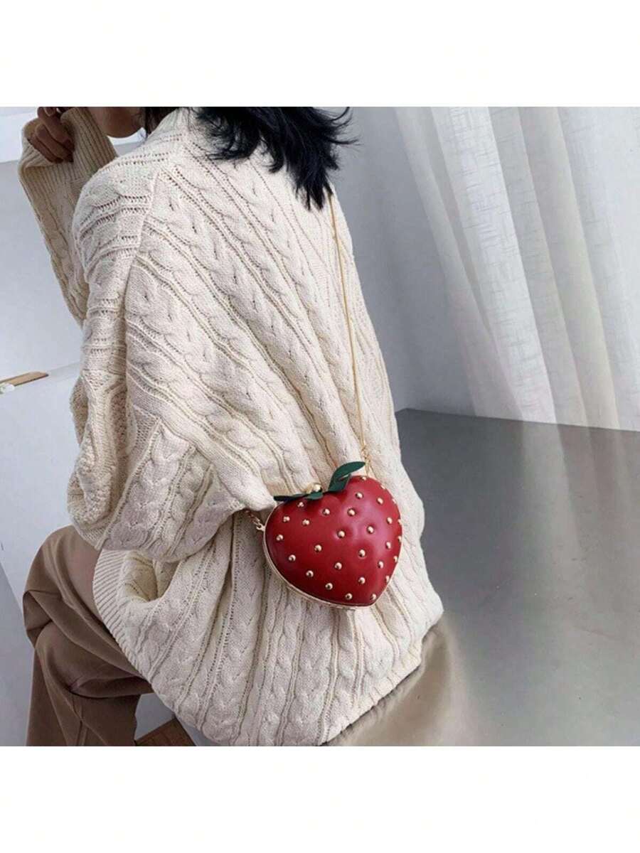 Bolso de hombro/bandolera de PU con diseño de fresa en forma de corazón lindo y de moda para niñas, regalo perfecto para una cita o el Día de San Valentín