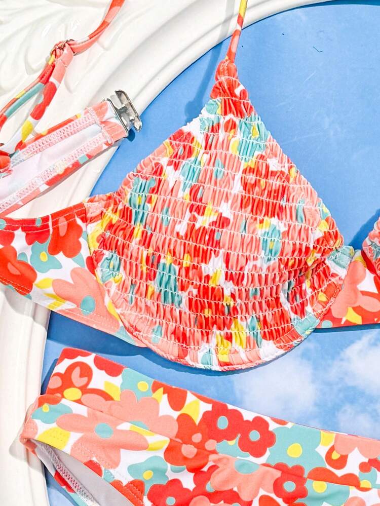 Ladies' Floral Print Bandeau Bikini Set With Underwire, Beach Vacation Bikini Set, Non-Shirred, Random Print Summer Beach