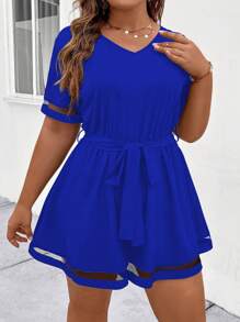 Celure 大码女式 V 领网眼撞色短袖休闲连体衣，适合夏季 - 藍色 - 查看 5