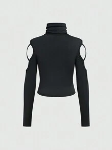 INAWLY 女士高領鑽孔袖t恤 - 黑色 - 查看 2