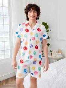 青少年男孩彩色面孔印花短袖鈕扣衫和短褲休閒2件套居家服套裝