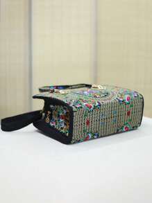 花卉刺繡帆布手提袋,女士圖案肩背包,女士花卉刺繡拉鍊錢包,大號手提袋口袋手提包斜挎包,刺繡手提袋休閒肩背包,多色波西米亞風女士復古斜背包 - 彩色 - 查看 7