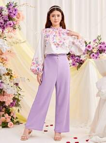 SHEIN Conjunto de 2 peças com Camisa Tecida de Manga Bolha Floral para Adolescente com Decoração de Botão de Pérola e Calça Casual Longa