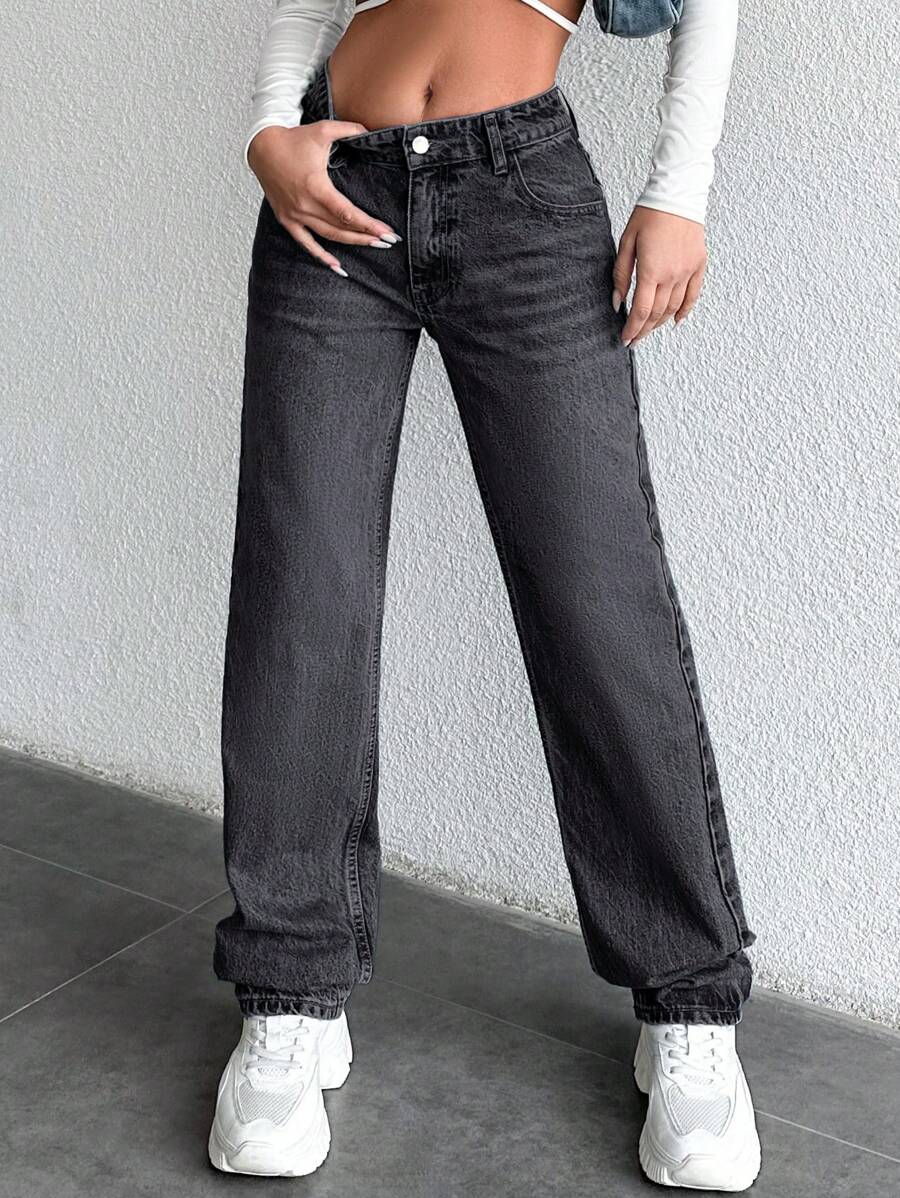 EURMUSE Casual Cat Whisker Washed Straight-Leg Jeans With Slanted Pockets - Hitam - View 1