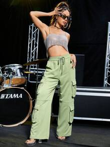 SHEIN Unity Pantalones de chándal casuales con cintura ajustable con cordón y bolsillos múltiples - Verde - Ver 5
