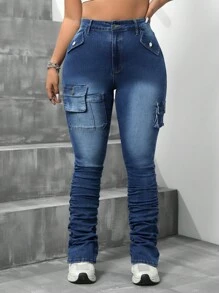 SHEIN ICON Plus Size Washed Denim Pants With Flip Pocket And Layered Design - Dark Wash - View 1