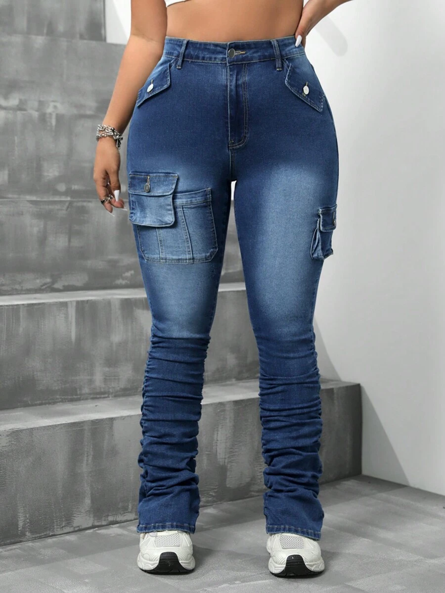 SHEIN ICON Plus Size Washed Denim Pants With Flip Pocket And Layered Design - Dark Wash - View 1