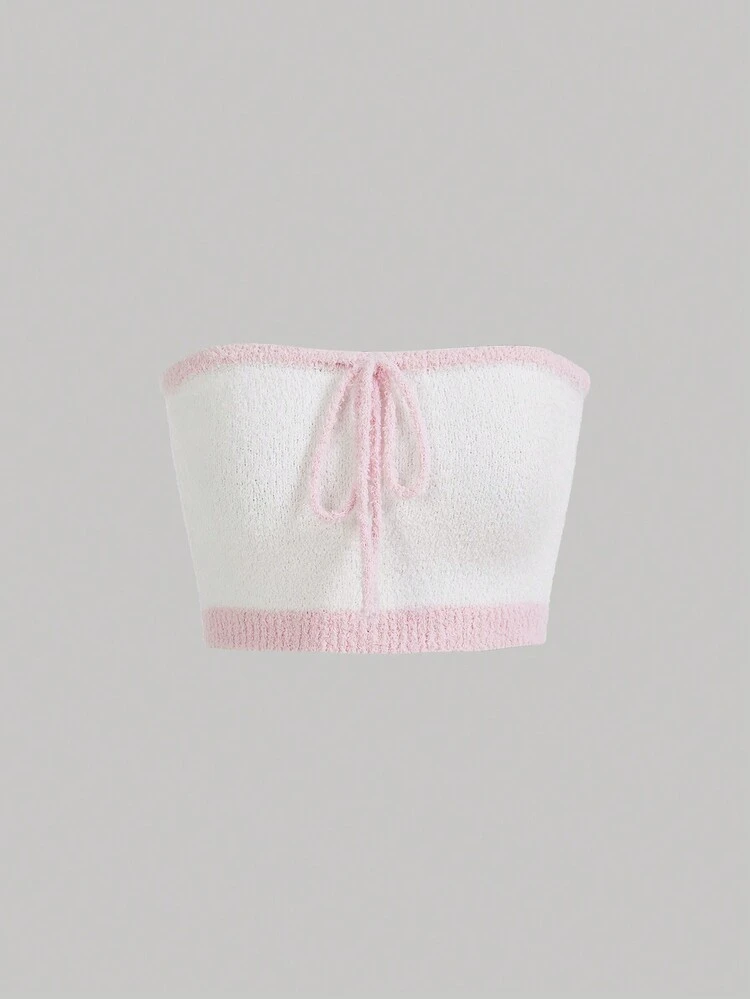 Spring/Summer Pink & White Patchwork Knitted Bandeau Top