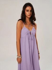 Bohemela Ladies' Solid Color Front Tie Long Halter Neck Strap Dress For Vacation - Purple - View 5