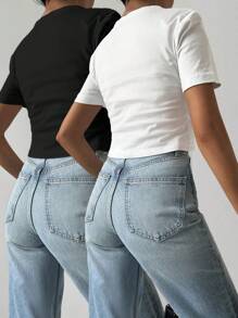EURMUSE 2 Stücke schlichte weiße und schwarze Rundhals-T-Shirts mit lässiger Passform und kurzen Ärmeln für Damen - Verschiedenfarbig - Übersicht 2