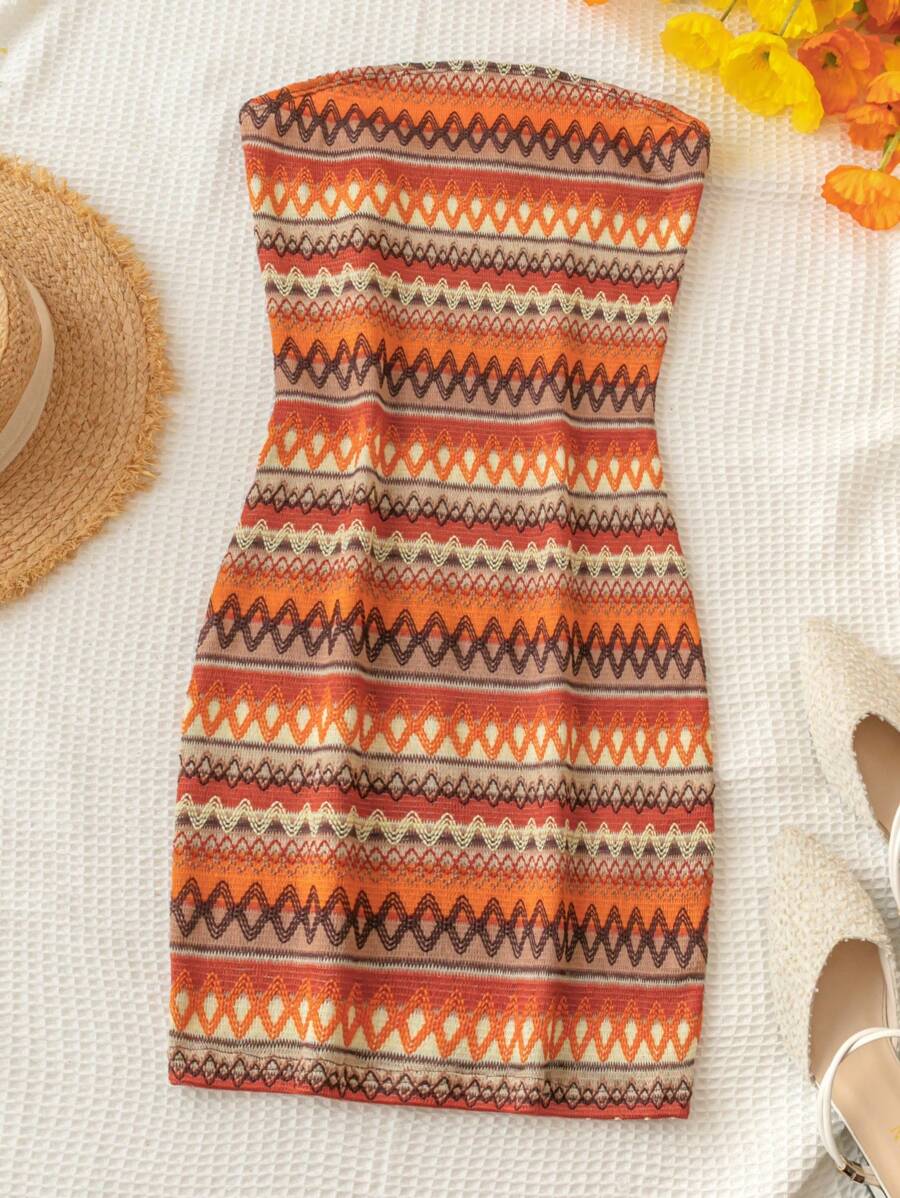 Soleia Women's Summer Striped Color Block Knitted Strapless Dress - Brown - View 1