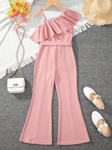 Sparklyn Tween Girls Solid Color Asymmetrical Shoulder Ruffle Trim Belted Flared Jumpsuit - Pink - View 2