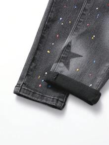 青少年街頭風格印花彩色手工弄花彈性腰牛仔褲，彈性腳踝 - 黑色 - 查看 6