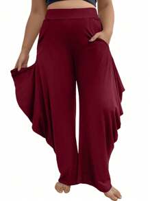 SHEIN Clasi Plus Size Solid Color Wide Leg Pants With Ruffle Hem Fall Cloth For Women - Burgundy - View 3