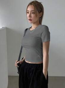 DAZY 女士純色肋紋編織緊身短袖t卹 - 灰色 - 查看 3