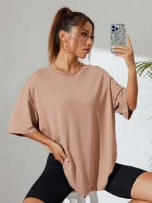 SHEIN EZwear 寬鬆款圓領短袖t恤,適合休閒夏季穿搭 - 卡其色 - 查看 5