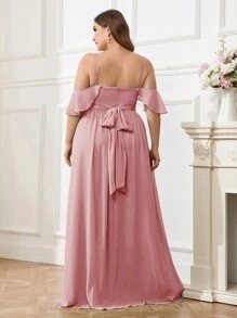 SHEIN Belle Plus Size Chiffon Bridesmaid Dress With Shoulder Cut-Out, Pleated Front, Waist Belt, High Slit And Cami Straps Elegant Dress - Dusty Pink - View 2