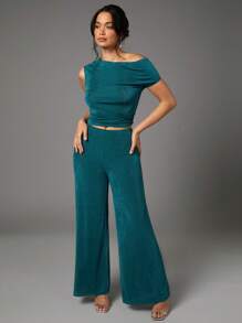 Silquee Summer Green Asymmetric One-Shoulder Gathered Pleated Women's Top And Wide-Leg Loose Trousers Women's Trousers Two-Piece Set
