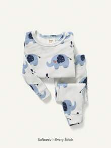 Cozy Pixies Set Pigiama Snug Fit Per Bambino Con Motivo Elefante Cartone Animato, Include Maglietta A Maniche Lunghe E Pantaloni