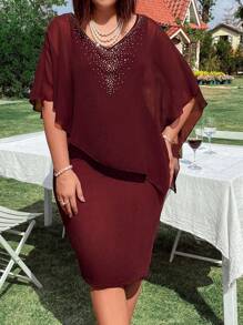 SHEIN X Scheana Plus Size V-Neck Rhinestone Accent Knit & Chiffon Splicing Short Sleeve Fitted Bodycon Mini Dress, For Christmas Burgundy Color Women Outfit - Burgundy - View 1