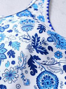 Swim Lushoire Plus Size Summer Beach Floral Print One Piece Swimsuit For Vacation - Blue and White - View 3