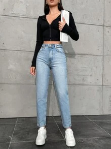 SHEIN Cottnline 休闲洗水妈咪版型牛仔裤 - 淺色水洗藍 - 查看 5