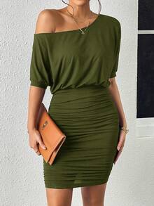 SHEIN Privé Mùa hè giản dị Không tay Bất đối xứng Đường viền cổ áo Váy bodycon - xanh quân đội - Xem 4