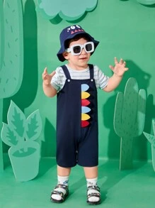 Baby Boys' Cute Dinosaur Shaped Striped Romper And Overalls Set, Suitable For Summer - Multicolor - View 3