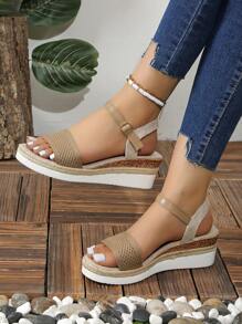 Nuevas sandalias de cuña de primavera/verano para mujer con suela de poliuretano ligera y decorada con cuerda - Caqui - Ver 1