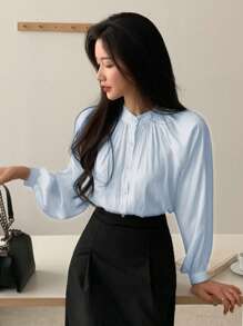 DAZY 春季纽扣长袖百搭衬衫，秋季服装 - 藍色 - 查看 3