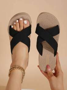 Women's Thick Sole Criss-Cross Strap Wedge Sandals, Beige & Black Beach Travel Open Toe Slippers