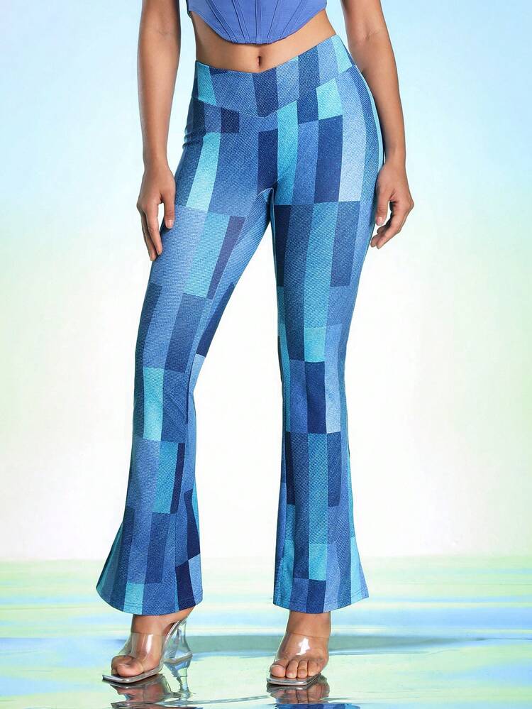 Designer Denim Effect Cowgirl Flare Leg Leggings, For Summer, Holiday, Vacation, Festival, Ibiza Fits