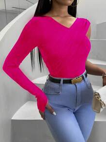 VaVaBold Mùa Xuân Giải trí Thon gọn Không đối xứng Đường viền cổ áo Áo thun - Màu Hồng Tươi - Xem 6